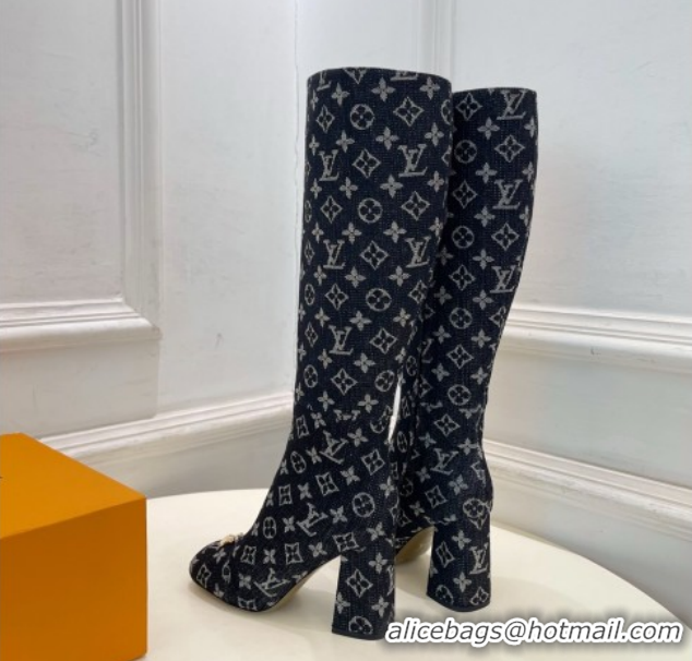 Classic Hot Louis Vuitton Swing Heel High Boots 9cm in Black Monogram Denim 2025 1AID09 1021107