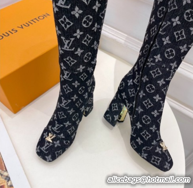 Classic Hot Louis Vuitton Swing Heel High Boots 9cm in Black Monogram Denim 2025 1AID09 1021107