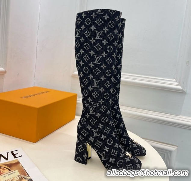 Classic Hot Louis Vuitton Swing Heel High Boots 9cm in Black Monogram Denim 2025 1AID09 1021107