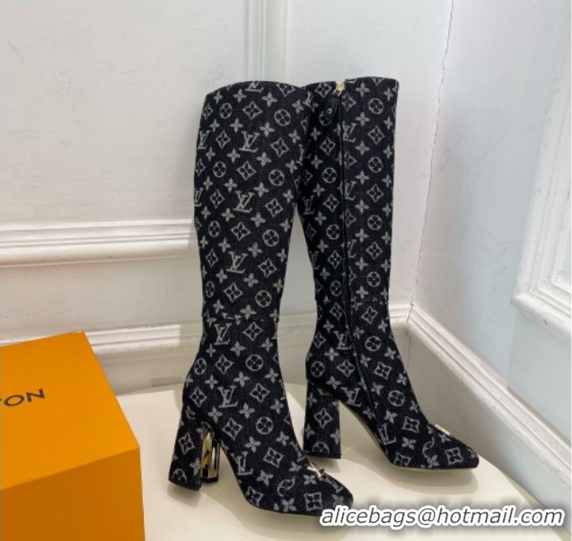 Classic Hot Louis Vuitton Swing Heel High Boots 9cm in Black Monogram Denim 2025 1AID09 1021107