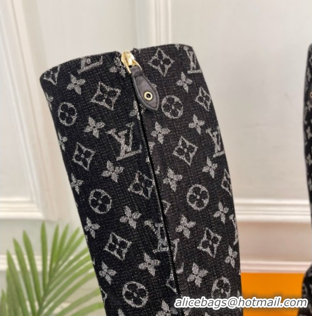 Classic Hot Louis Vuitton Swing Heel High Boots 9cm in Black Monogram Denim 2025 1AID09 1021107