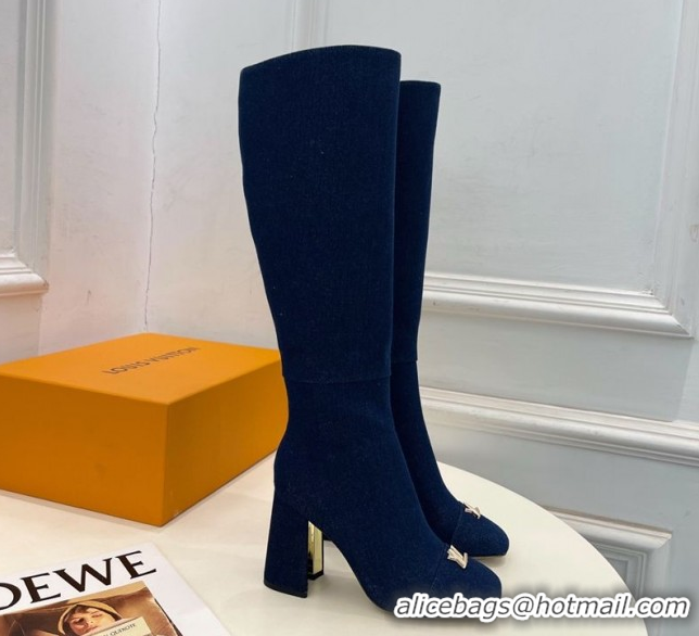 Popular Style Louis Vuitton Swing Heel High Boots 9cm in Navy Blue Denim 1AID09 1021108