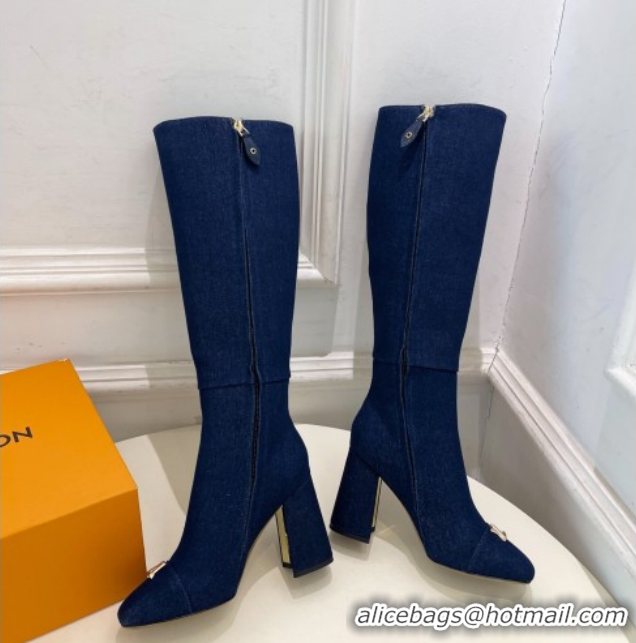 Popular Style Louis Vuitton Swing Heel High Boots 9cm in Navy Blue Denim 1AID09 1021108