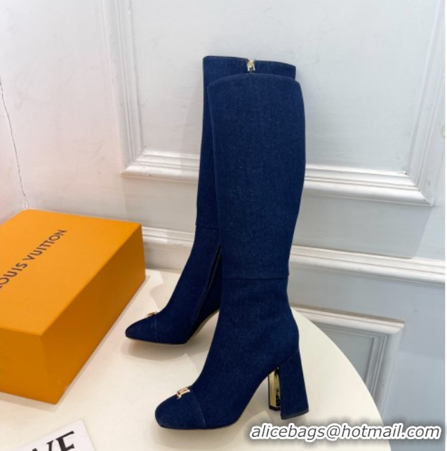 Popular Style Louis Vuitton Swing Heel High Boots 9cm in Navy Blue Denim 1AID09 1021108