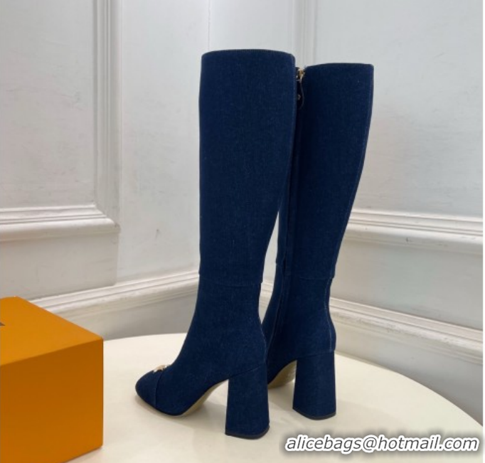 Popular Style Louis Vuitton Swing Heel High Boots 9cm in Navy Blue Denim 1AID09 1021108