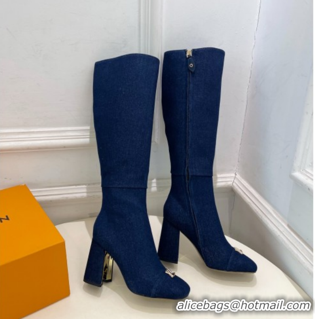 Popular Style Louis Vuitton Swing Heel High Boots 9cm in Navy Blue Denim 1AID09 1021108