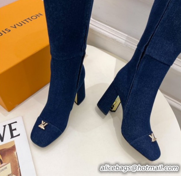 Popular Style Louis Vuitton Swing Heel High Boots 9cm in Navy Blue Denim 1AID09 1021108