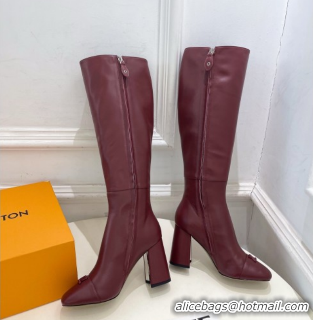 Grade Quality Louis Vuitton Swing Heel High Boots 9cm in Calf Leather Burgundy 1AID09 1021109