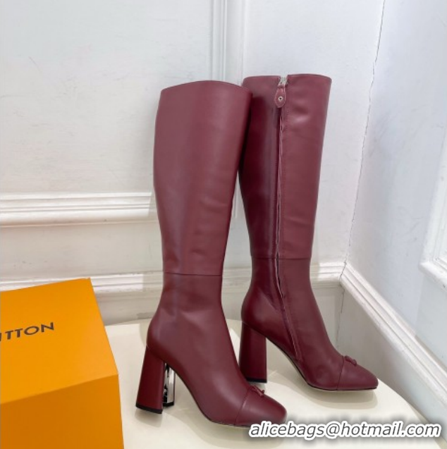 Grade Quality Louis Vuitton Swing Heel High Boots 9cm in Calf Leather Burgundy 1AID09 1021109