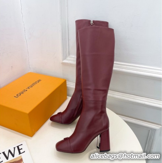 Grade Quality Louis Vuitton Swing Heel High Boots 9cm in Calf Leather Burgundy 1AID09 1021109