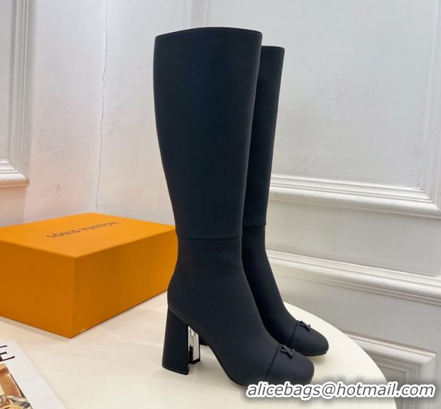 Buy Luxury Louis Vuitton Swing Heel High Boots 9cm in Matte Leather All Black 1AID09 1021111