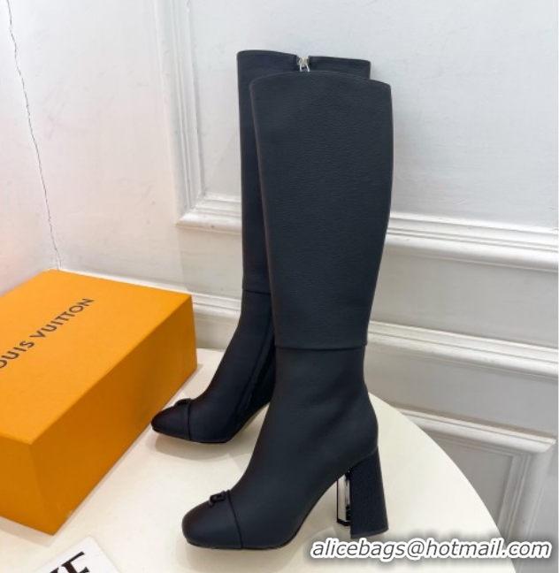 Buy Luxury Louis Vuitton Swing Heel High Boots 9cm in Matte Leather All Black 1AID09 1021111