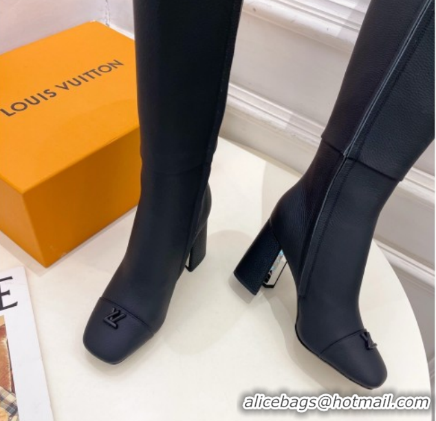 Buy Luxury Louis Vuitton Swing Heel High Boots 9cm in Matte Leather All Black 1AID09 1021111