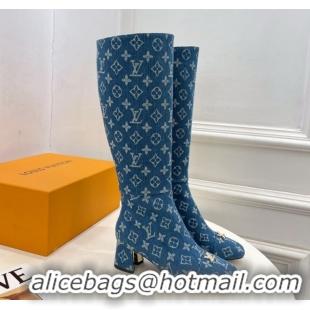 Best Price Louis Vuitton Swing Heel High Boots 5.5cm in Blue Monogram Denim 1AID09 1021113