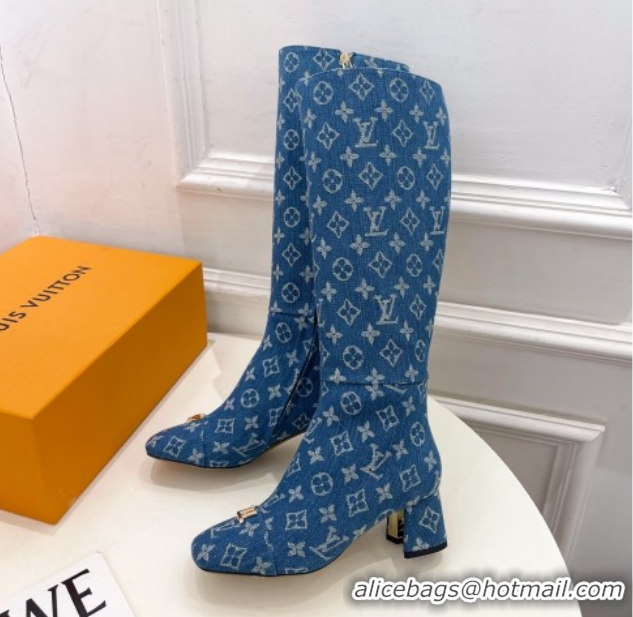 Best Price Louis Vuitton Swing Heel High Boots 5.5cm in Blue Monogram Denim 1AID09 1021113