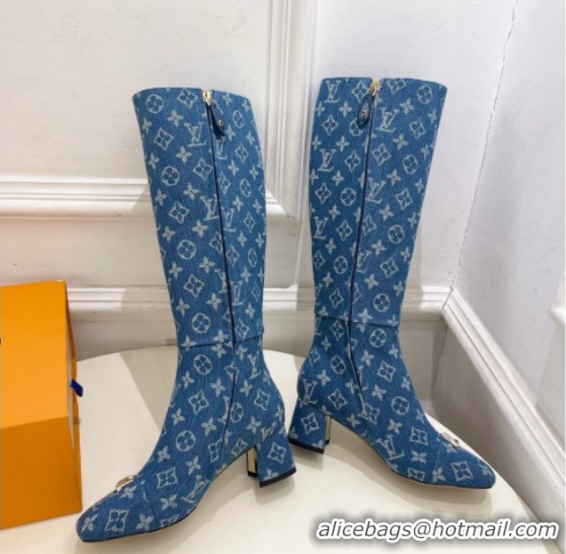 Best Price Louis Vuitton Swing Heel High Boots 5.5cm in Blue Monogram Denim 1AID09 1021113
