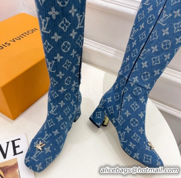 Best Price Louis Vuitton Swing Heel High Boots 5.5cm in Blue Monogram Denim 1AID09 1021113