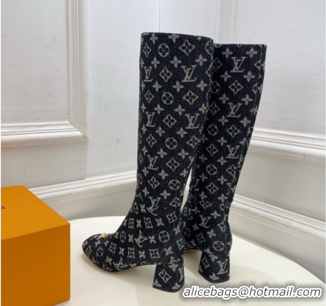 Low Cost Louis Vuitton Swing Heel High Boots 5.5cm in Monogram Denim Black 1AID09 1021114