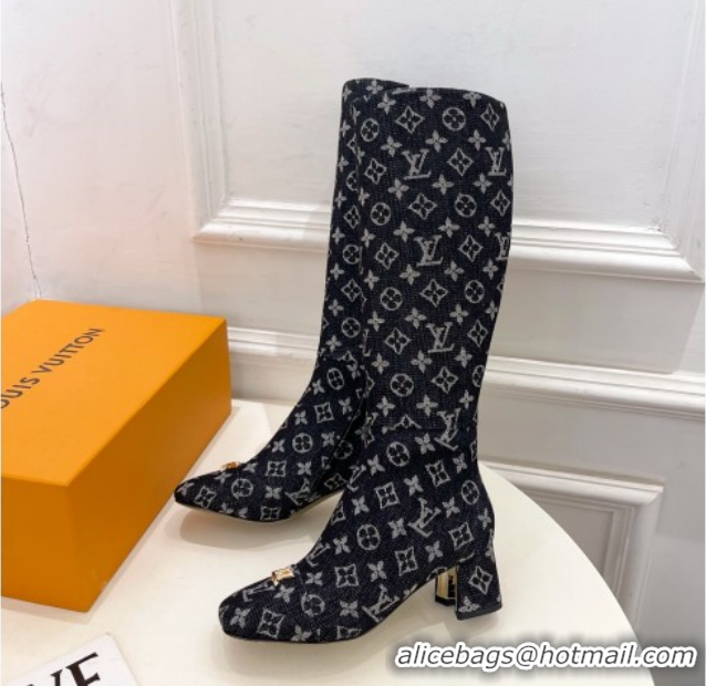 Low Cost Louis Vuitton Swing Heel High Boots 5.5cm in Monogram Denim Black 1AID09 1021114