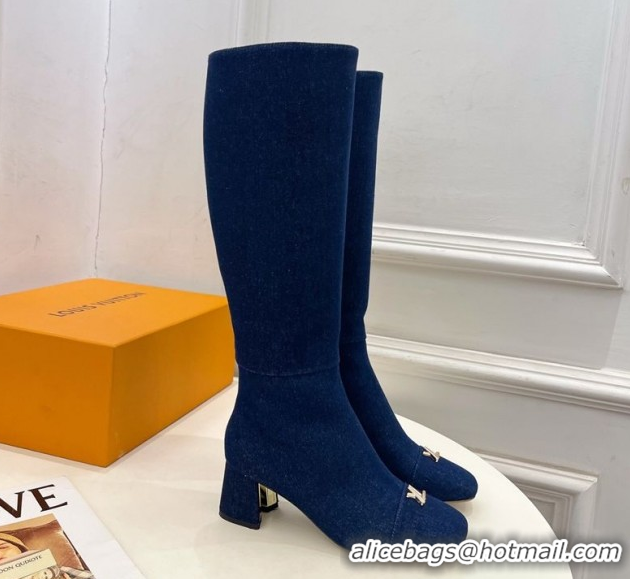 Purchase Louis Vuitton Swing Heel High Boots 5.5cm in Navy Blue Denim 1AID09 1021115
