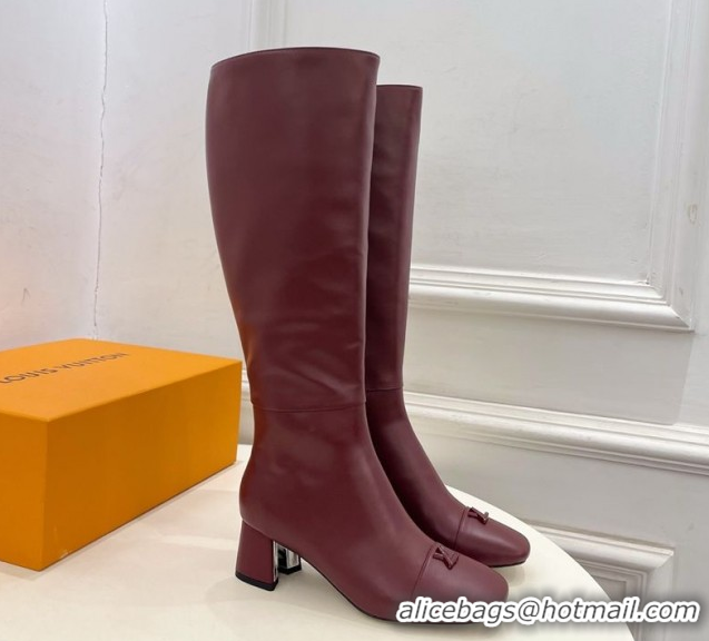 Good Quality Louis Vuitton Swing Heel High Boots 5.5cm in Calf Leather Burgundy 1AID09 1021117