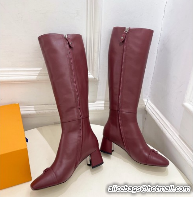 Good Quality Louis Vuitton Swing Heel High Boots 5.5cm in Calf Leather Burgundy 1AID09 1021117