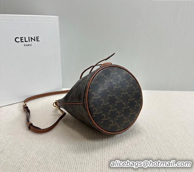 New Cheap Celine Teen Clara Bucket Bag in Triomphe Canvas and Calfskin 121672 Brown 2025