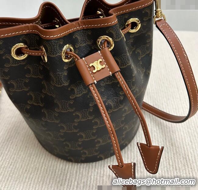 New Cheap Celine Teen Clara Bucket Bag in Triomphe Canvas and Calfskin 121672 Brown 2025