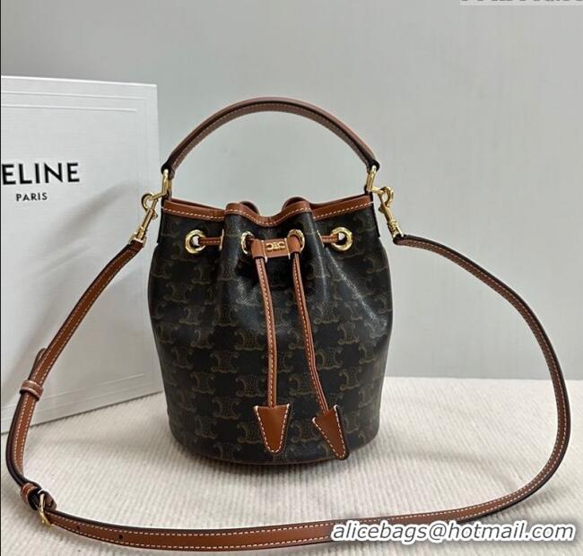 New Cheap Celine Teen Clara Bucket Bag in Triomphe Canvas and Calfskin 121672 Brown 2025