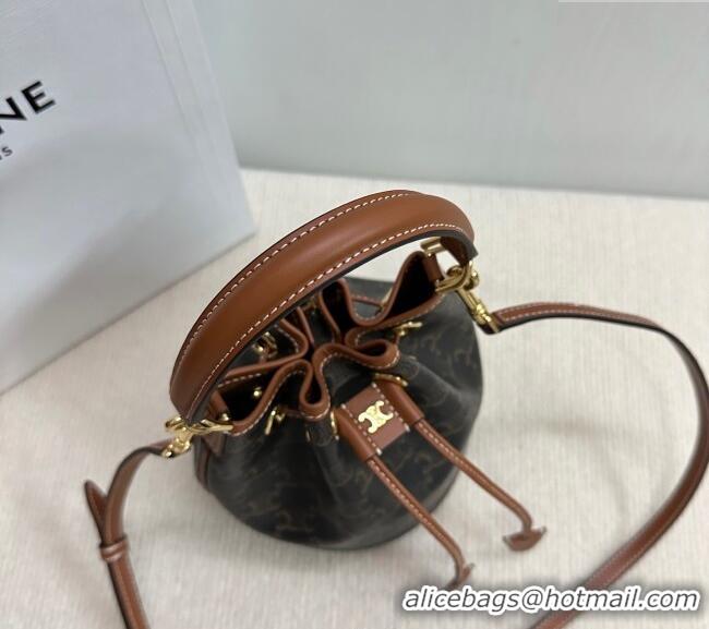 New Cheap Celine Teen Clara Bucket Bag in Triomphe Canvas and Calfskin 121672 Brown 2025