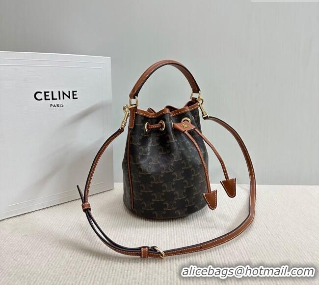 New Cheap Celine Teen Clara Bucket Bag in Triomphe Canvas and Calfskin 121672 Brown 2025
