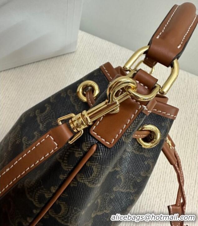 New Cheap Celine Teen Clara Bucket Bag in Triomphe Canvas and Calfskin 121672 Brown 2025