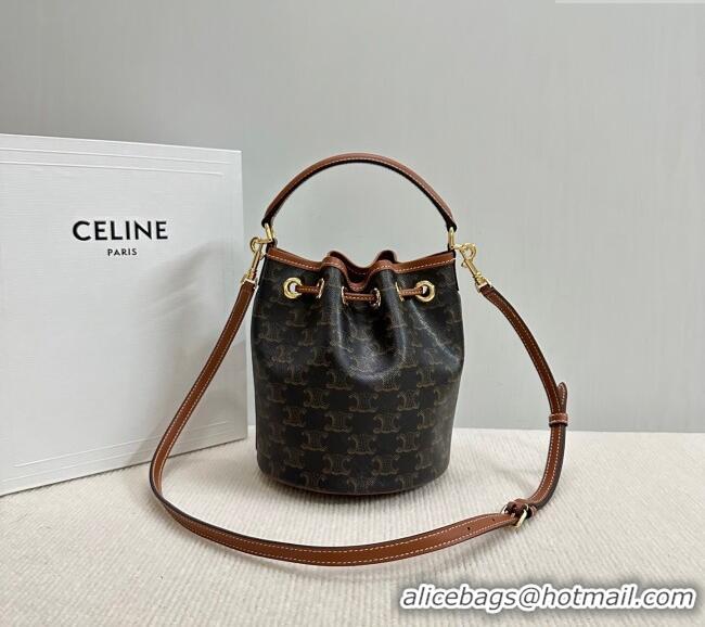 New Cheap Celine Teen Clara Bucket Bag in Triomphe Canvas and Calfskin 121672 Brown 2025