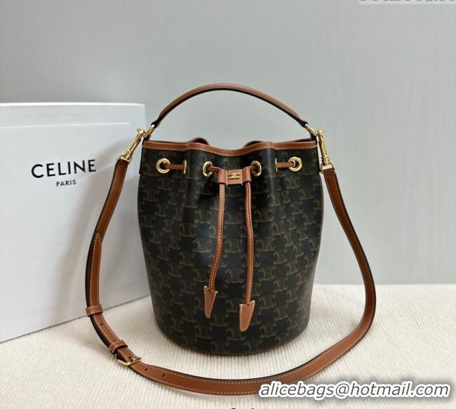 Original Cheap Celine Clara Bucket Bag in Triomphe Canvas and Calfskin 116882 Brown 2025