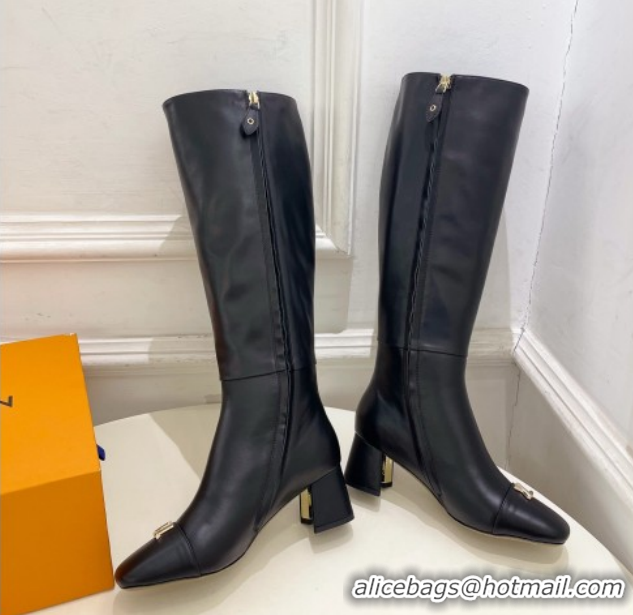 Grade Quality Louis Vuitton Swing Heel High Boots 5.5cm in Calf Leather Black 1AID09 1021116