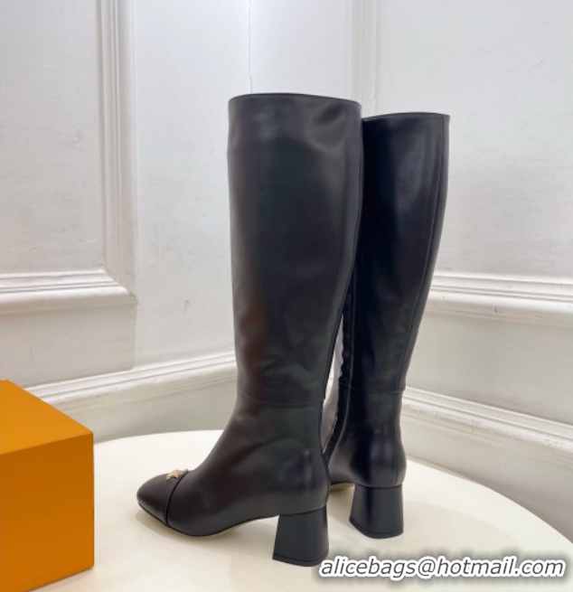 Grade Quality Louis Vuitton Swing Heel High Boots 5.5cm in Calf Leather Black 1AID09 1021116
