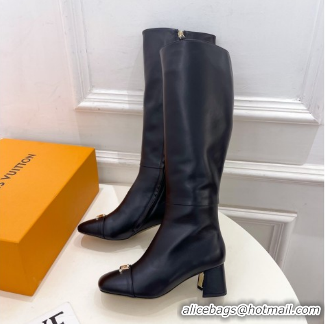 Grade Quality Louis Vuitton Swing Heel High Boots 5.5cm in Calf Leather Black 1AID09 1021116
