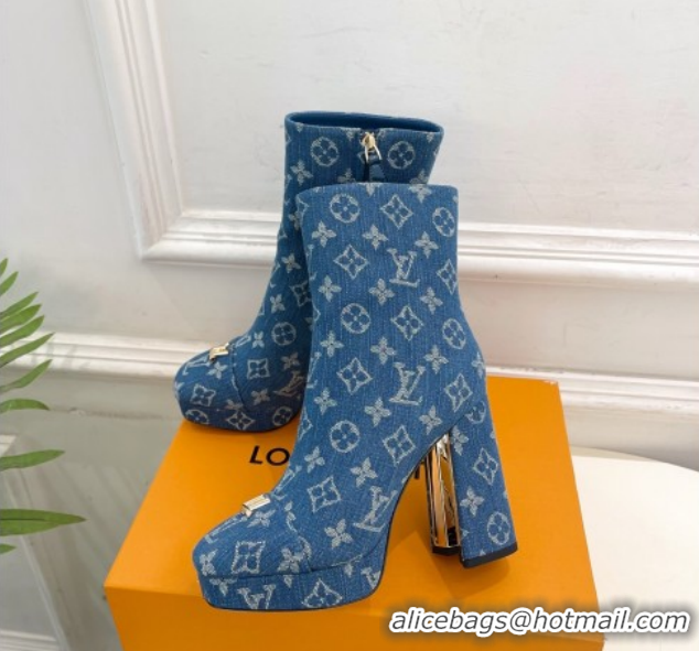 Best Grade Louis Vuitton Swing Heel Platform Ankle Boots 11cm in Monogram Denim Blue 1AID09 51021120