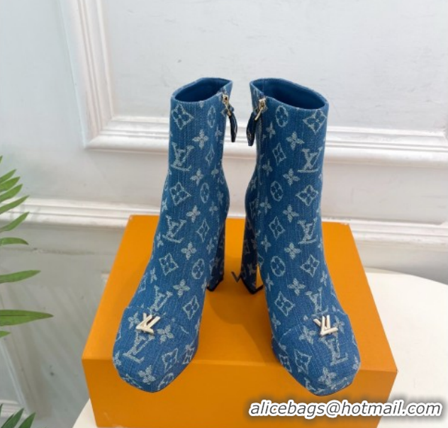 Best Grade Louis Vuitton Swing Heel Platform Ankle Boots 11cm in Monogram Denim Blue 1AID09 51021120