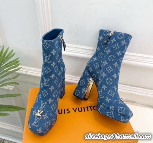 Best Grade Louis Vuitton Swing Heel Platform Ankle Boots 11cm in Monogram Denim Blue 1AID09 51021120