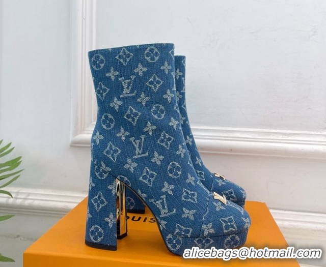 Best Grade Louis Vuitton Swing Heel Platform Ankle Boots 11cm in Monogram Denim Blue 1AID09 51021120