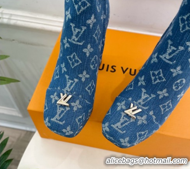 Best Grade Louis Vuitton Swing Heel Platform Ankle Boots 11cm in Monogram Denim Blue 1AID09 51021120