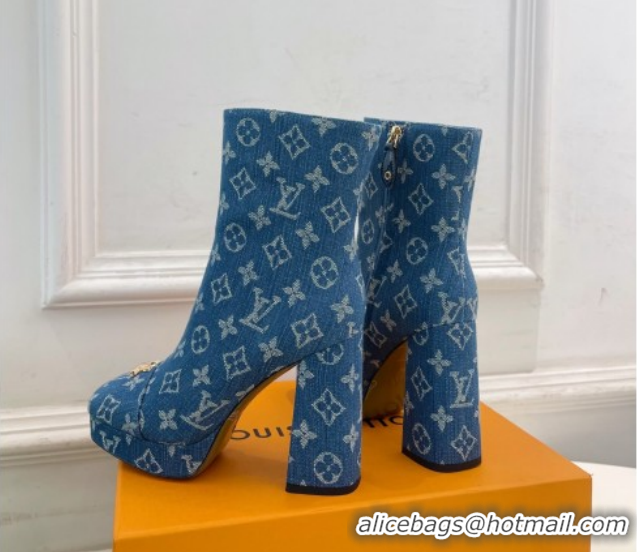 Best Grade Louis Vuitton Swing Heel Platform Ankle Boots 11cm in Monogram Denim Blue 1AID09 51021120
