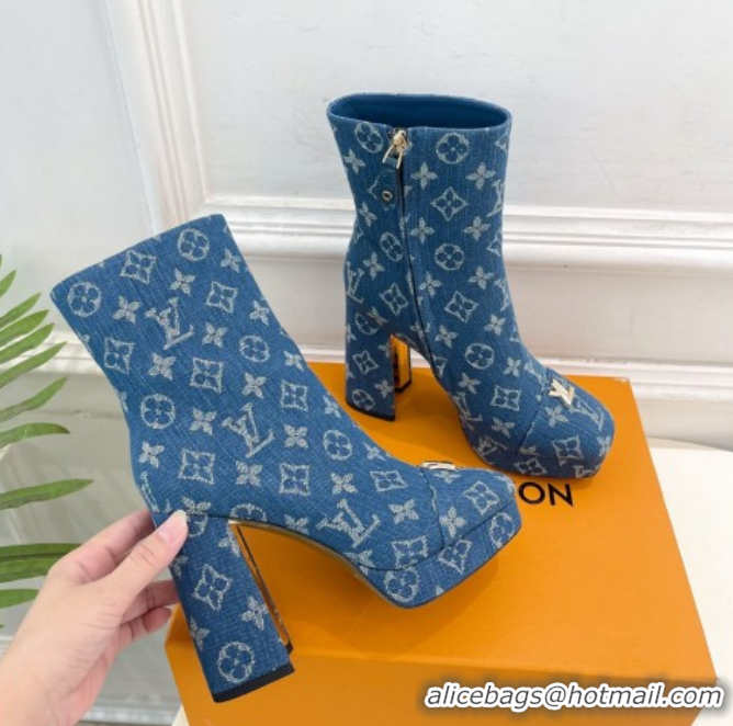 Best Grade Louis Vuitton Swing Heel Platform Ankle Boots 11cm in Monogram Denim Blue 1AID09 51021120