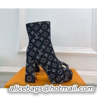 Luxurious Louis Vuitton Swing Heel Platform Ankle Boots 11cm in Monogram Denim Black 1AID09 1021121