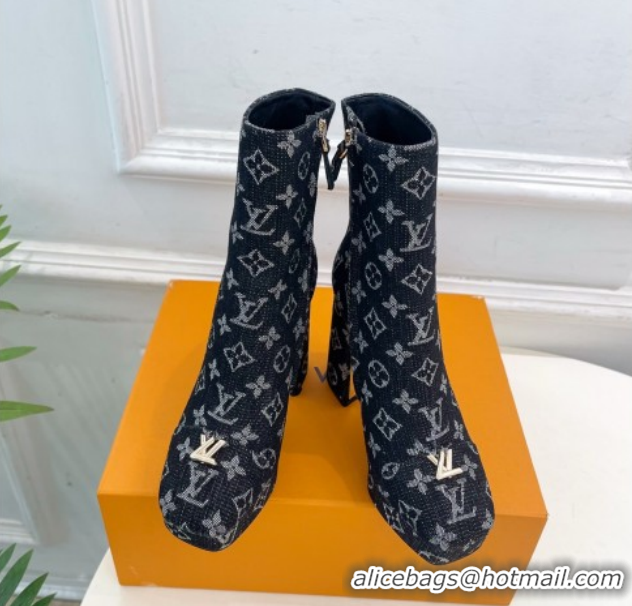 Luxurious Louis Vuitton Swing Heel Platform Ankle Boots 11cm in Monogram Denim Black 1AID09 1021121