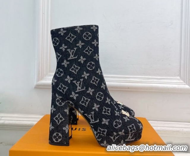 Luxurious Louis Vuitton Swing Heel Platform Ankle Boots 11cm in Monogram Denim Black 1AID09 1021121