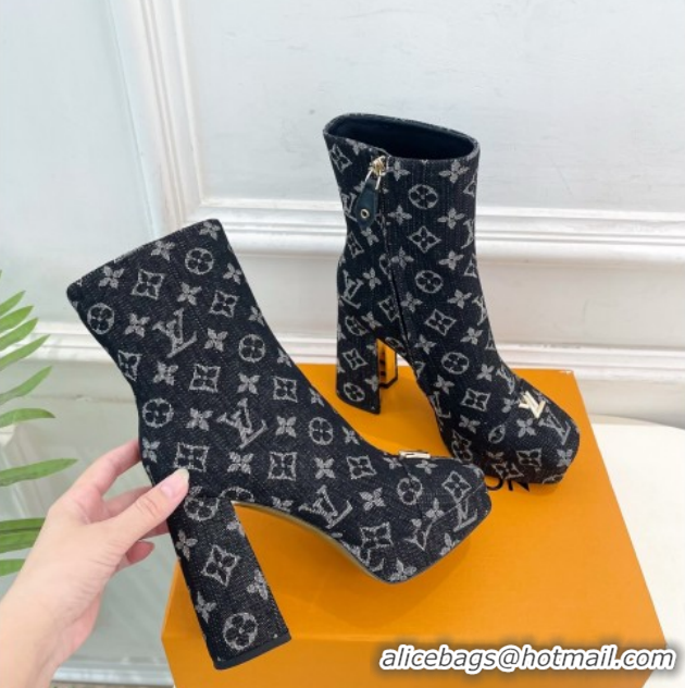 Luxurious Louis Vuitton Swing Heel Platform Ankle Boots 11cm in Monogram Denim Black 1AID09 1021121