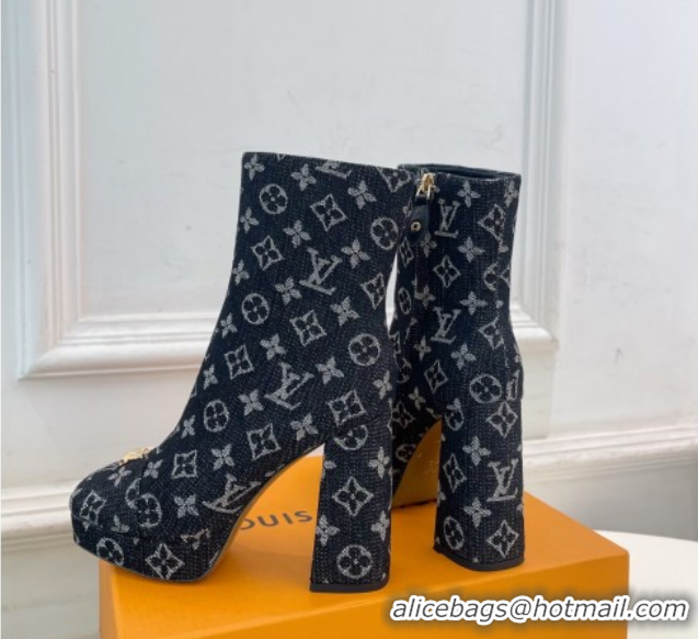 Luxurious Louis Vuitton Swing Heel Platform Ankle Boots 11cm in Monogram Denim Black 1AID09 1021121