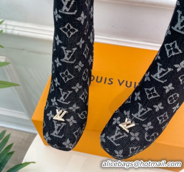 Luxurious Louis Vuitton Swing Heel Platform Ankle Boots 11cm in Monogram Denim Black 1AID09 1021121